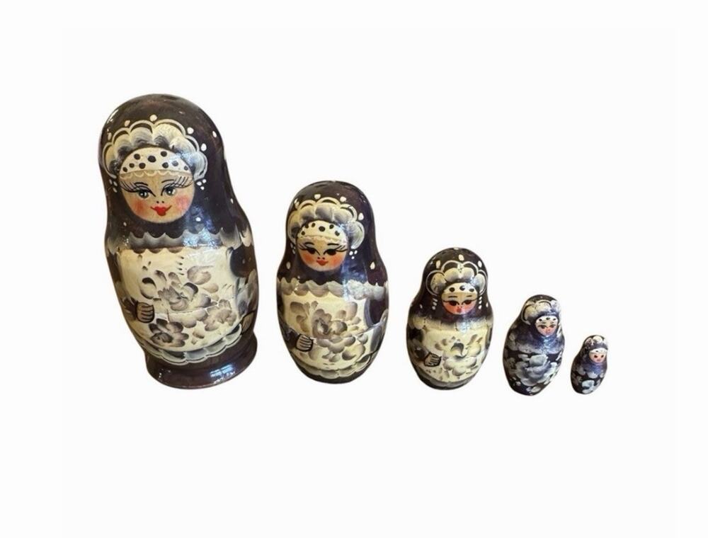 Vintage Nesting Dolls Hand-Painted Wooden Russian Set Of 5 Brown Floral
